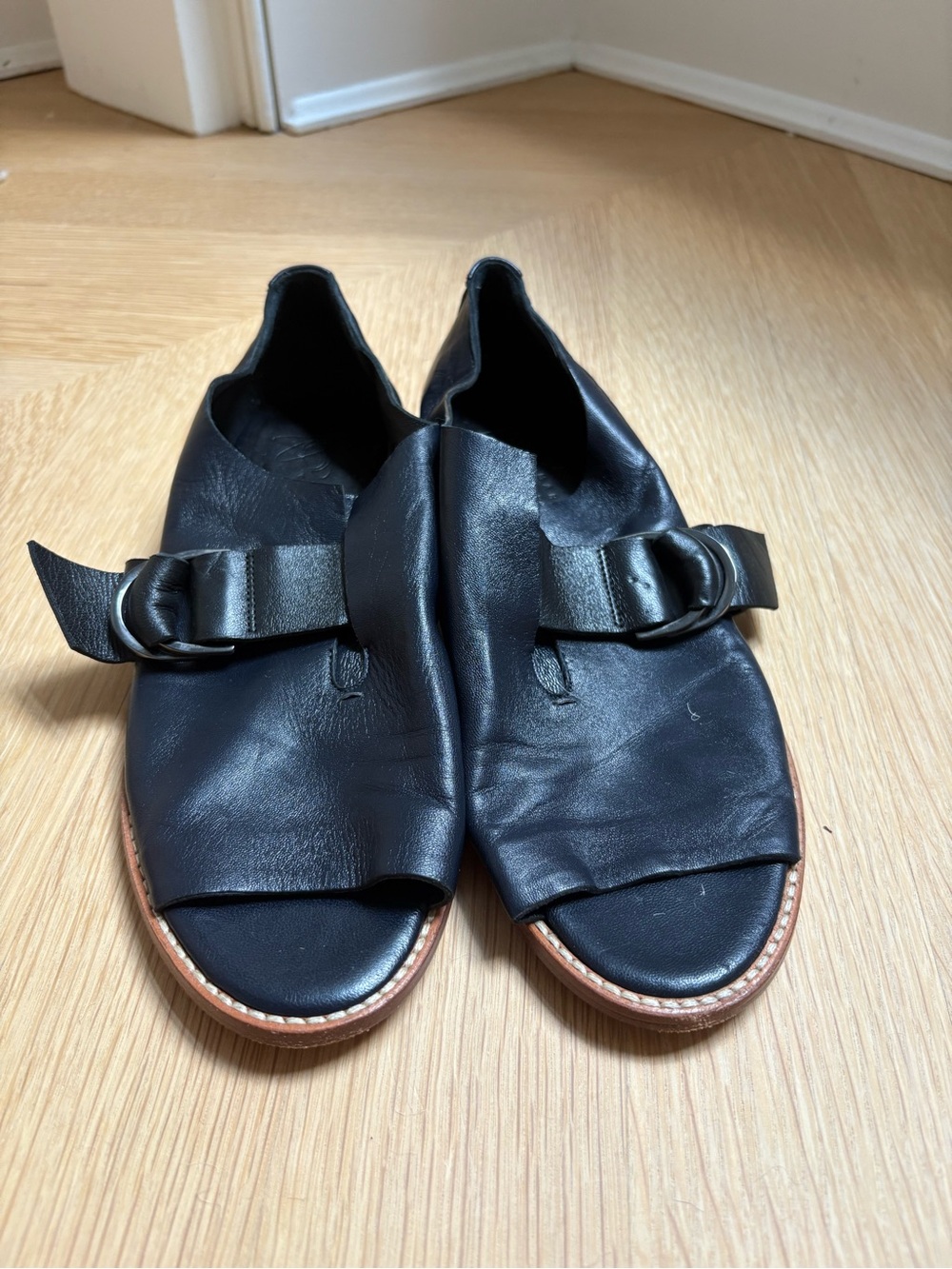 Zero + Maria Cornejo Black Leather Open-Toe Buckle Sandals